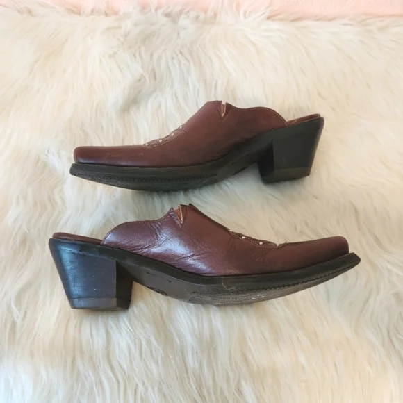 Ariat Brown Leather Block Heel Point Toe Wedge Slip On Mule Shoes - Picture 5 of 10